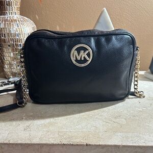 Michael Kors Black Leather Crossbody Bag with Gold Accents